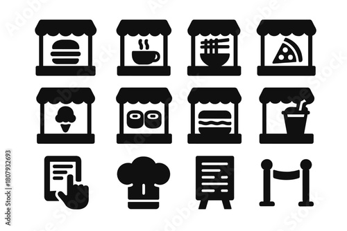 Mall Restaurant Icons. Mall restaurants. Solid icon set of Mall restaurants: burger stand, coffee shop, noodle bar, pizza counter, dessert stall, sushi