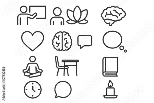 Mindful Classroom Icons. Mindfulness in class. Line icon set of mindfulness in class: teacher, student, lotus flower, heart, brain, thought bubble, meditation