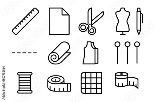 Pattern Making Icons. Pattern making. Line icon set of pattern making: ruler, paper, scissors, pen, dress form, stitch line, fabric roll, template, pins,