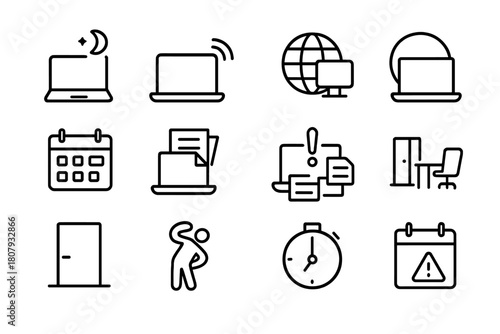 Remote Overwork Icons. Remote overwork patterns. Line icon set of remote overwork patterns: laptop at night, ping flood, status always on, time zone globe,