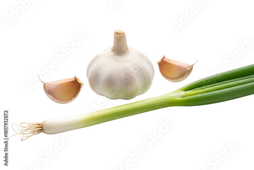 A still life featuring a garlic bulb with cloves and a green onion.
