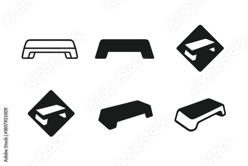 Step Aerobics Icons. Step aerobics. Icon set. Set Logo of Step aerobics: Fitness timer. harmonious logo variations of the same emblematic concept (Negative