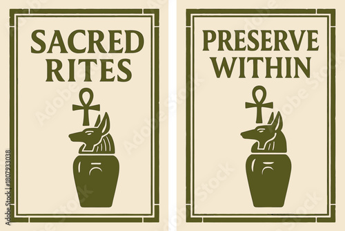 Ancient Rites Banners. Funerary Rites. Two vertical A6 banners with safe margins, centered composition, no elements touching edges, bold, olive green and