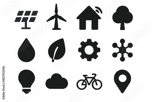 Smart Eco Villages. Smart eco villages. Solid icon set of smart eco villages: solar panel, wind turbine, smart home, tree, water drop, leaf, gear, network,