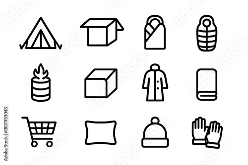 Temporary Shelter Icons. Temporary shelters. Line icon set of temporary shelters: tent, cardboard shelter, tarpaulin, sleeping bag, fire barrel, blanket, coat,