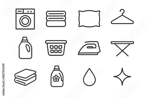 Laundry Icon Set. Laundry care. Line icon set of laundry care: washing machine, detergent bottle, towel, water droplet, laundry basket, hanger, iron, drying