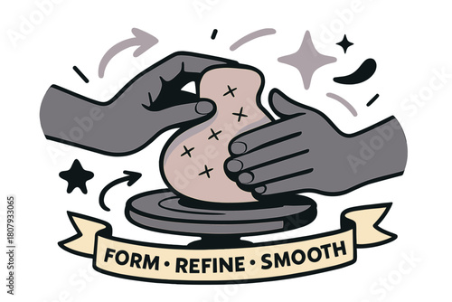 Clay Sculpting Dynamics. Sculpting in clay. Hands press and rotate a soft form on a turntable; score marks turn into tiny stars. A ribbon label reads ?Form ?
