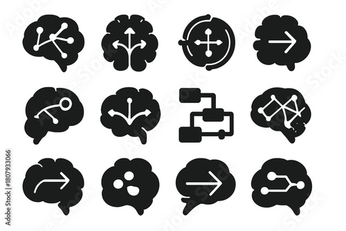 Brain Network Icons. Brain navigation network. Solid icon set of Brain navigation network: connected brain nodes, neural pathway lines, direction arrows,