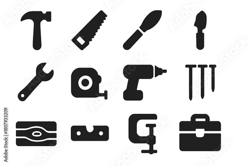 Carpentry Tools Icons. Carpentry tools. Line icon set of Carpentry tools: saw, hammer, screwdriver, tape measure, wrench, pliers, drill, nails, bolts, level,