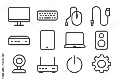 Tech Icon Grid. Tech Setup. Line icon set of Tech Setup: monitor, keyboard, mouse, cable, dock station, tablet, laptop, speaker, webcam, router, power button,
