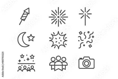 Pyrotechnics Icon Set. Pyrotechnics show. Line icon set of pyrotechnics show: rocket, burst firework, sparkler, star, moon, explosion, confetti, night sky,