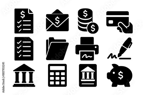 Financial Aid Icons. Financial and Administrative Help. Solid icon set of Financial and Administrative Help: budget sheet, envelope, coin stack, card payment,
