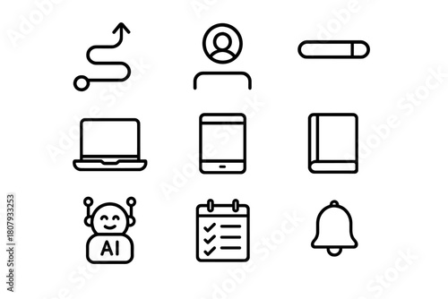 Customized Learning Icons. Customized learning path. Line icon set of Customized learning path: path icon, user profile, progress bar, laptop, tablet, book, AI