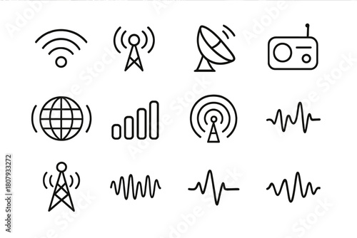 Radio Wave Icons. Radio Waves. Line icon set of Radio Waves: wave lines, antenna, satellite dish, transmitter, receiver, globe, signal bar, radar, frequency