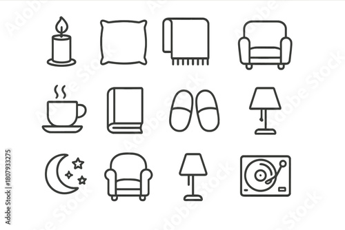 Evening Relaxation Icons. Evening relaxation. Solid icon set of Evening relaxation: bed, lamp, candle, pillow, blanket, book, plant, rug, nightstand, moon,