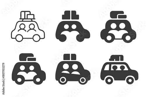 Family Car Trip Logos. Family car trip. Icon set. Set Logo of family car trip: road with trees. harmonious logo variations of the same emblematic concept, each