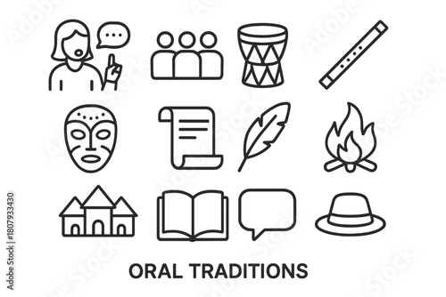 Oral Traditions Icons. Oral traditions. Line icon set of oral traditions: storyteller, audience, drum, flute, mask, scroll, feather, fire, village, book,