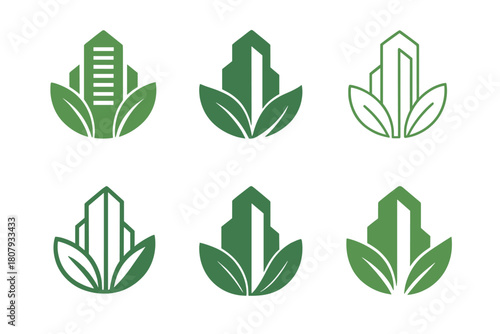 Eco Building Icons. Energy-efficient buildings. Icon set. Set Logo of energy-efficient buildings: eco-friendly building emitting radiant energy