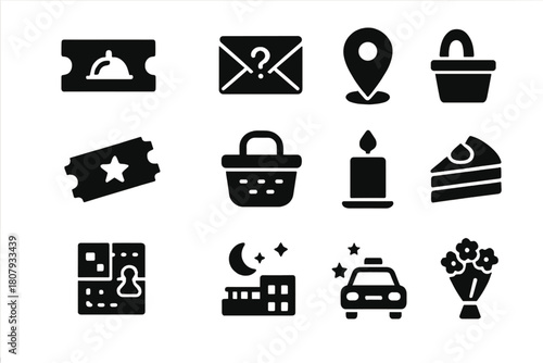 Surprise Date Night Icons. Surprise Date Night. Solid icon set of Surprise Date Night: reservation ticket, mystery envelope, map pin, cinema ticket, picnic