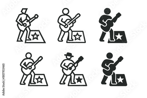 Hollywood Boulevard Icons. Hollywood Boulevard. Icon set. Set Logo of Hollywood Boulevard: street performer silhouette with guitar next to star tile.
