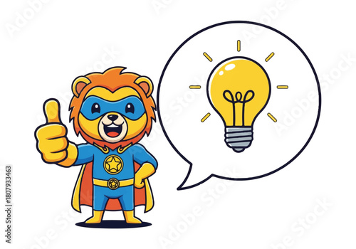 A cartoon lion mascot in a superhero costume giving a thumbs up with a lightbulb idea speech bubble on a white background.