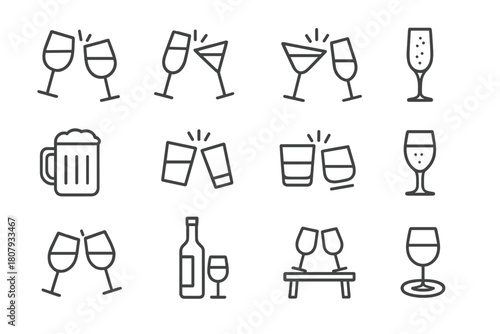 Toasting Glass Icons. Toasting glasses. Line icon set of toasting glasses: wine glass, champagne flute, cocktail glass, martini glass, beer mug, shot glass,