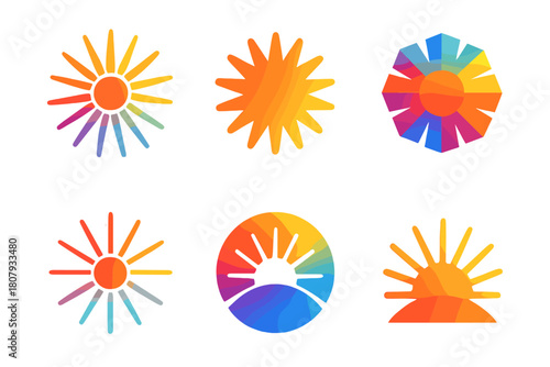 Colorful Logo Design. Vibrant colors. Icon set. Set Logo of vibrant colors: radiant sunburst with gradient rays. harmonious logo variations of the same