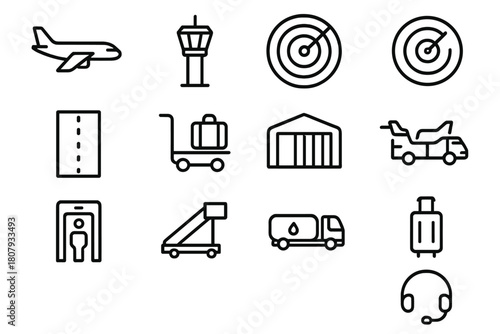 Airport Icon Set. Airport operations. Line icon set of airport operations: airplane, control tower, radar, runway, baggage cart, hangar, gate, security