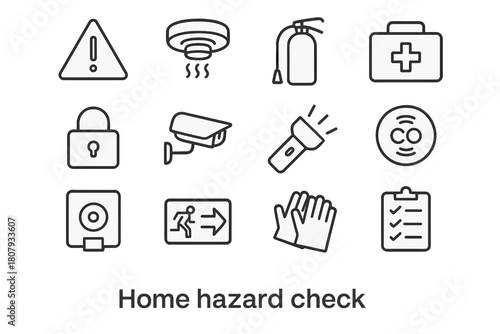 Home Safety Icons. Home safety tools. Line icon set of Home safety tools: smoke detector, fire extinguisher, first aid kit, lock, security camera, flashlight,
