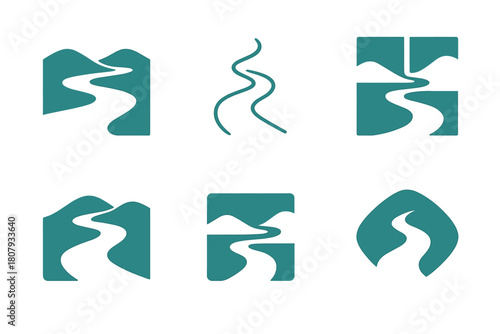 River Logo Variations. Nature. Icon set. Set Logo of nature: flowing river. harmonious logo variations of the same emblematic concept, each with different