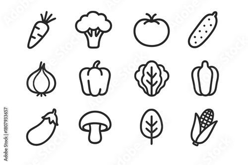 Vegetable Line Icon Set. Vegetables. Line icon set of Vegetables: carrot, broccoli, tomato, cucumber, onion, bell pepper, lettuce, garlic, eggplant, mushroom,