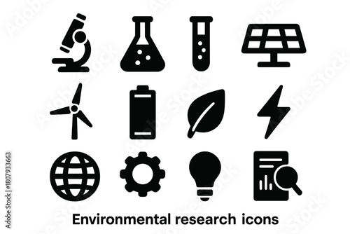 Environmental Research Icons. Environmental research. Solid icon set of Environmental research: microscope, lab flask, test tube, solar panel, wind turbine,
