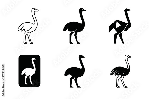 Ostrich Logo Variations. Ostriches. Icon set. Set Logo of ostriches: stylized ostrich silhouette with desert sun. harmonious logo variations of the same