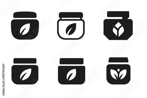 Moisturizer Jar Logos. Moisturizer jar mockup. Icon set. Set Logo of moisturizer jar mockup: jar with SPF sun badge. harmonious logo variations of the same
