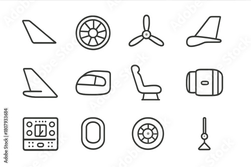 Aircraft Parts Icons. Aircraft parts. Line icon set of aircraft parts: wing, turbine, propeller, landing gear, tail fin, cockpit, seat, engine, control panel,