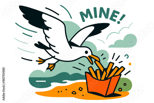 Seagull Snack Thief. Seagulls ? Beach snack thief. A gull swoops near fries; wind lines and crumbs scatter like confetti. Text ?MINE!? curves playfully above.