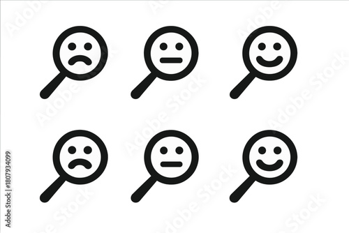 Feedback Analysis Icons. Feedback tone perception. Icon set. Set Logo of Magnifying Glass: Analyzing feedback. Negative space, Minimal outline, Symmetrical