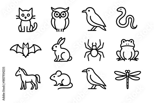 Superstitious Animal Icons. Superstitious animals. Line icon set of superstitious animals: black cat, owl, crow, snake, bat, rabbit, spider, frog, horse,