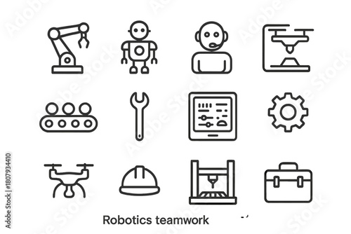 Robotics Teamwork Icons. Robotics teamwork. Line icon set of Robotics teamwork: robotic arm, humanoid robot, AI assistant, conveyor belt, wrench, tablet