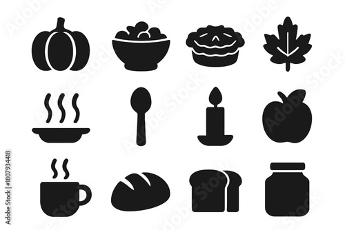 Autumn Icons. Autumn Chestnuts. Solid icons set of Autumn Chestnuts: fallen leaf, chestnut burr, open nut, pumpkin, acorn, scarf, mug, candle, branch, boots,
