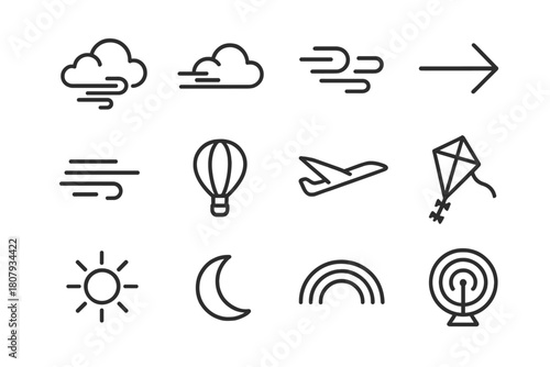 Cloud Movement Icons. Cloud movement. Line icon set of cloud movement: cumulus cloud, stratus cloud, cirrus cloud, wind arrow, gust lines, hot air balloon,