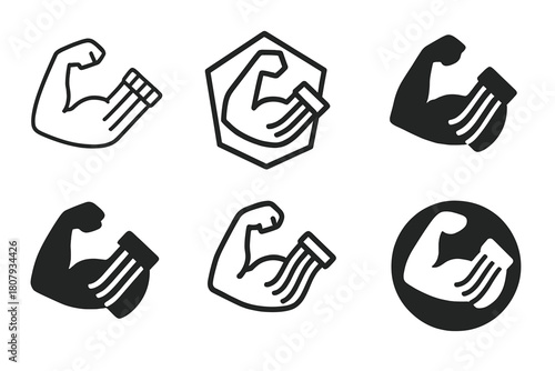 Muscle Building Icons. Muscle building. Icon set. Set Logo of Muscle building: Treadmill. harmonious logo variations of the same emblematic concept, each with