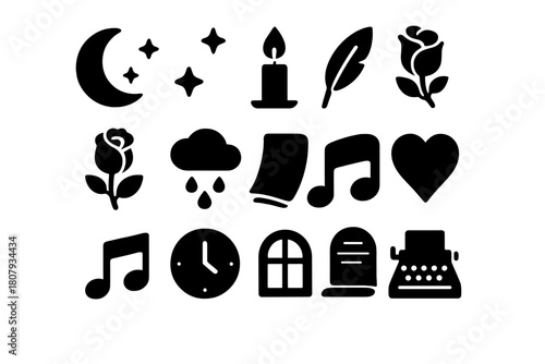Poetic Icons Collection. Poetic Inspiration. Solid icon set of Poetic Inspiration: moon, stars, candle flame, feather, rose, rain cloud, book page, heart,