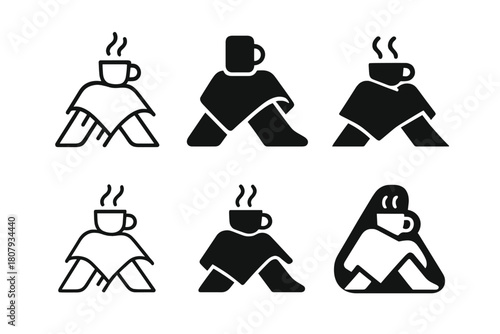 Cozy Blanket Logos. Blanket over knees. Icon set. Set Logo of blanket over knees: legs covered with patterned throw blanket. harmonious logo variations of the