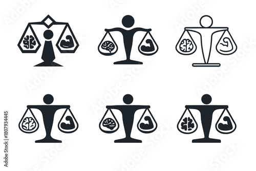 Exercise Icon Set. The benefits of physical exercise. Icon set. Set Logo of The benefits of physical exercise: Water bottle and fitness gear. harmonious logo