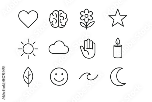Emotional Well-being Icons. Emotional well-being. Line icon set of emotional well-being: heart, brain, flower, star, sun, cloud, hand, candle, leaf, smile,
