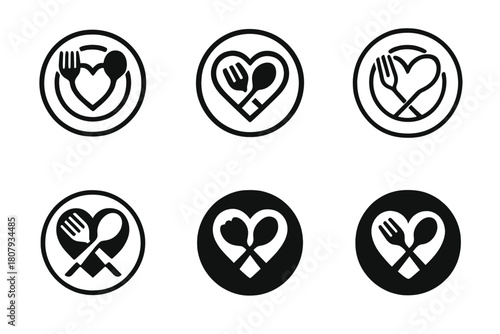 Comfort Food Icons. Comfort food and traditional dishes. Icon set. Set Logo of comfort food and traditional dishes: family-style pot with ladle. harmonious