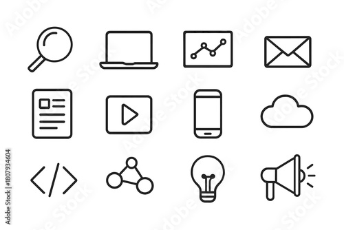 Tech SEO Icons. Tech SEO strategy. Line icon set of tech SEO strategy: SEO magnifying glass, laptop, analytics graph, email, blog, video play button,