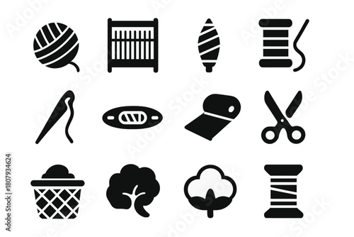 Weaving Tools Icons. Weaving and spinning. Solid icon set of weaving and spinning: yarn ball, loom, spindle, thread, needle, shuttle, fabric roll, scissors,