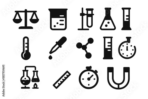 Scientific Tools Icons. Scientific Setup. Solid icon set of Scientific Setup: balance scale, beaker, test tube, flask, thermometer, pipette, molecular model,